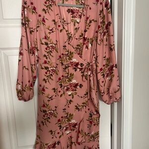 Xhilaration Dusty Pink Floral Wrap-Style Midi Dress